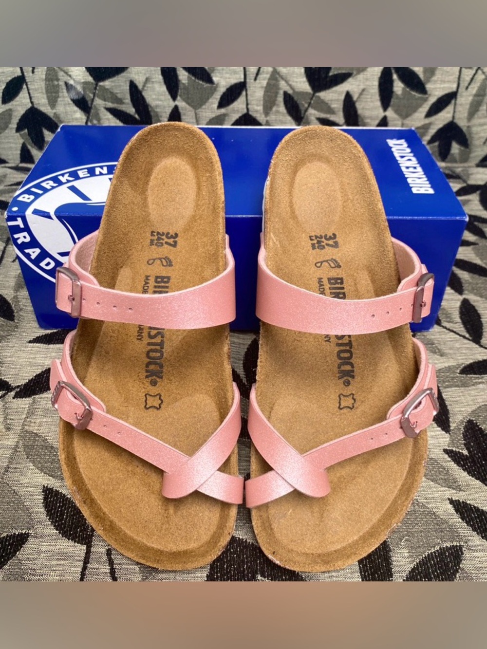 Birkenstock 💅🌴 MAYARI Coral Peach Birko Flor Leather Sandals Slides 5.5 6 36 NEW - Picture 1 of 7